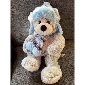 Hugfun International Grey Winter Teddy Bear Blue Trapper Hat Scarf Plush 18"